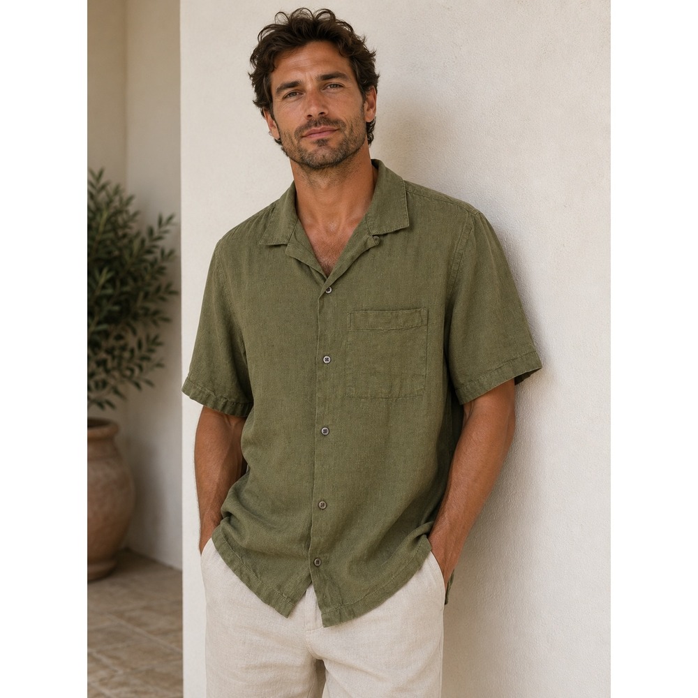 GAP Mens SS Linen Blend Camp Collar Shirt Army Jacket Green S 855348-01